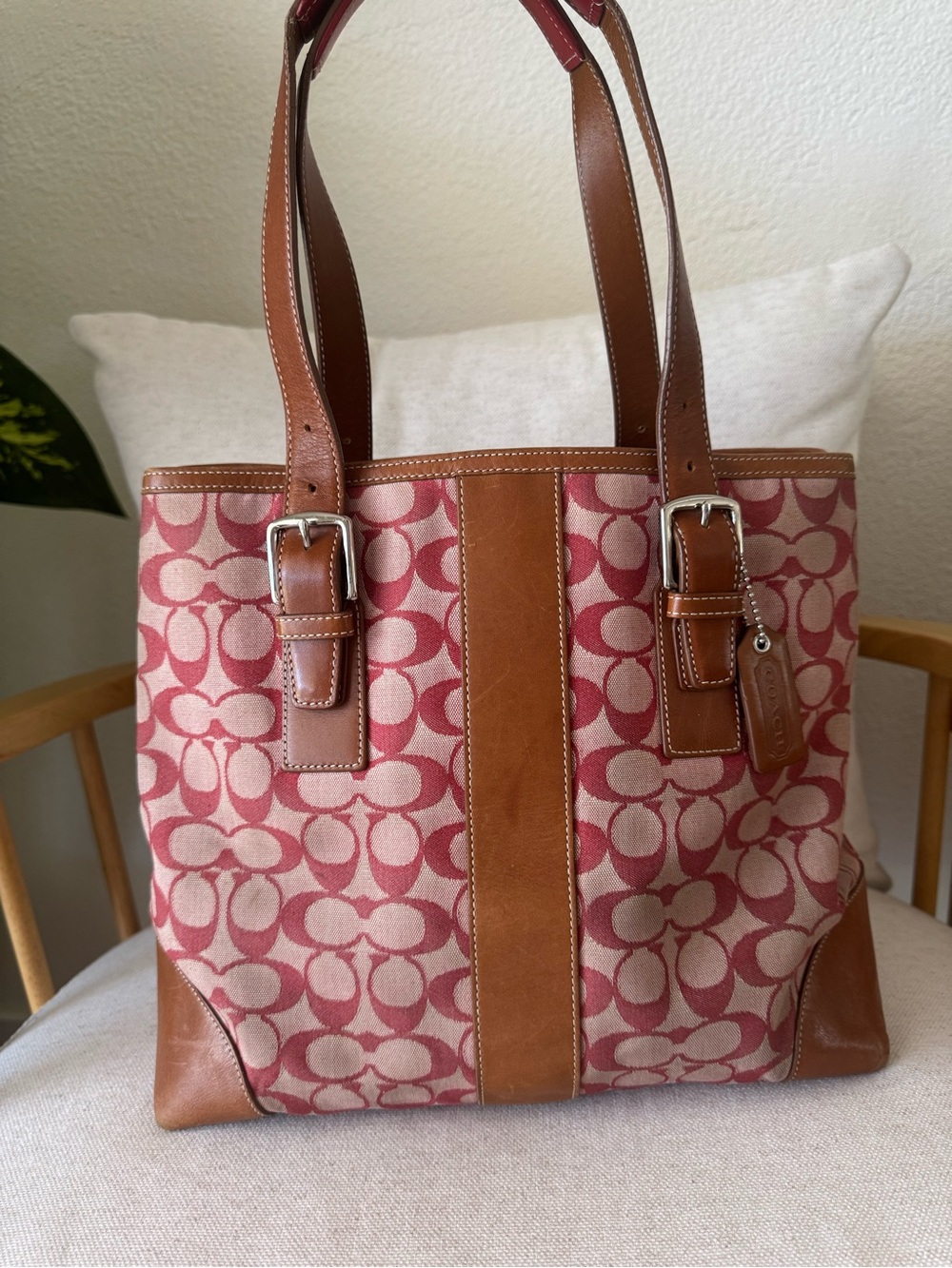 Vintage Coach Canvas Leather Signature Red Brown Shoulder Bag Purse Tote #6019